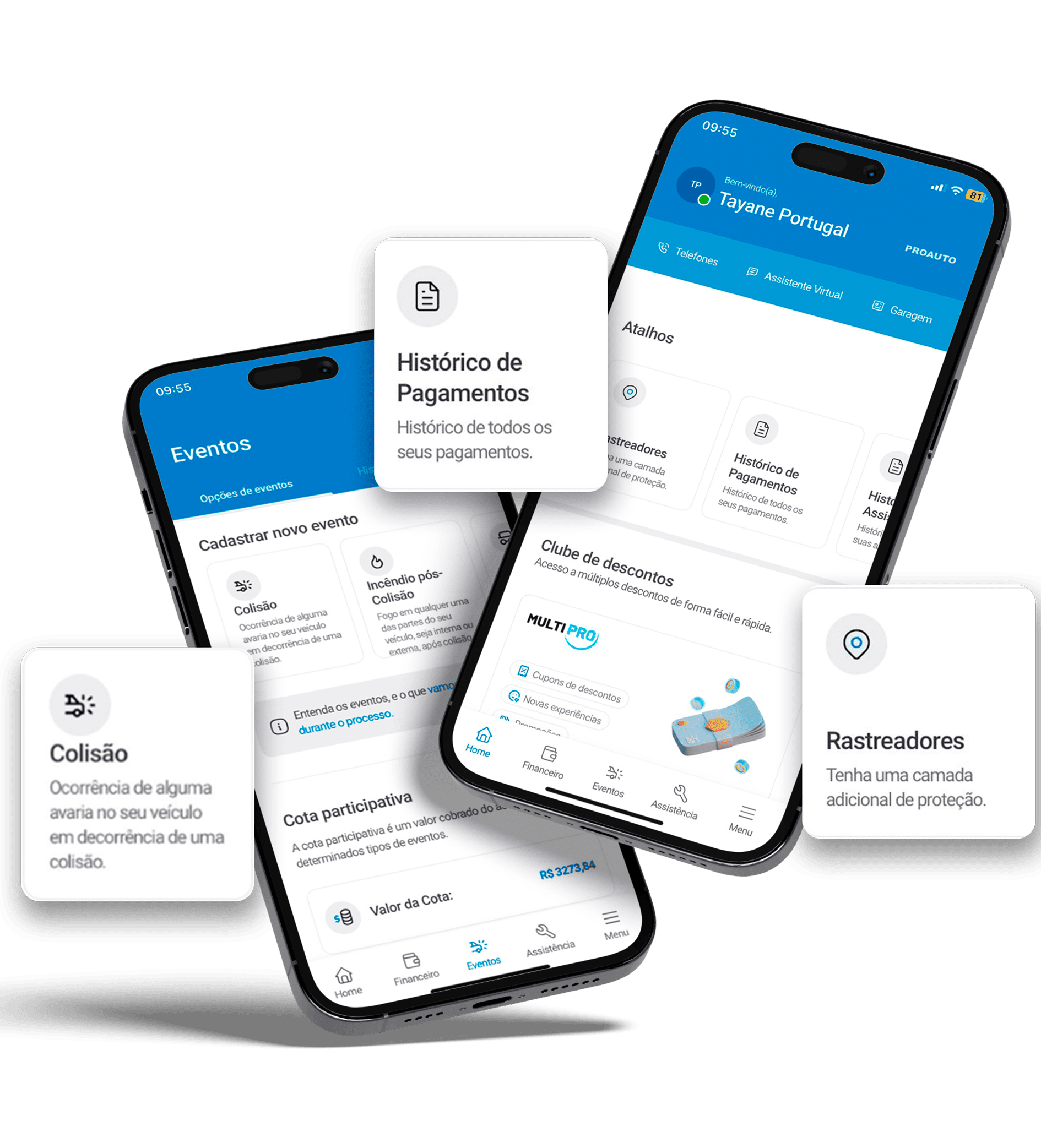 Tela de app com funcionalidades de seguro de carro, proteção veicular e suporte 24h